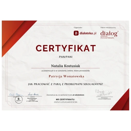 Certyfikat - Jak pracować z parą z problemami seksualnymi – Natalia Kostusiak